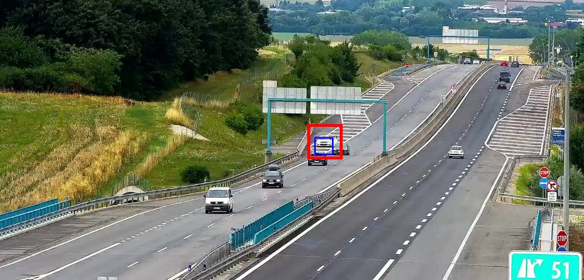Car stopped under an overhead sign gantry on an expressway, detected in daylight